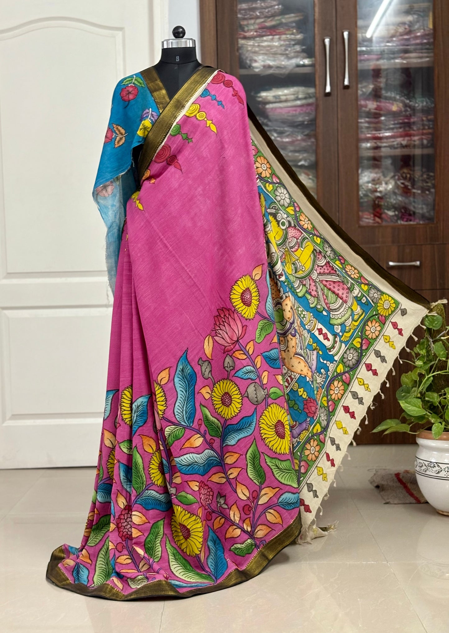 Pen Kalamkari hand painted pure cotton Saree with blouse