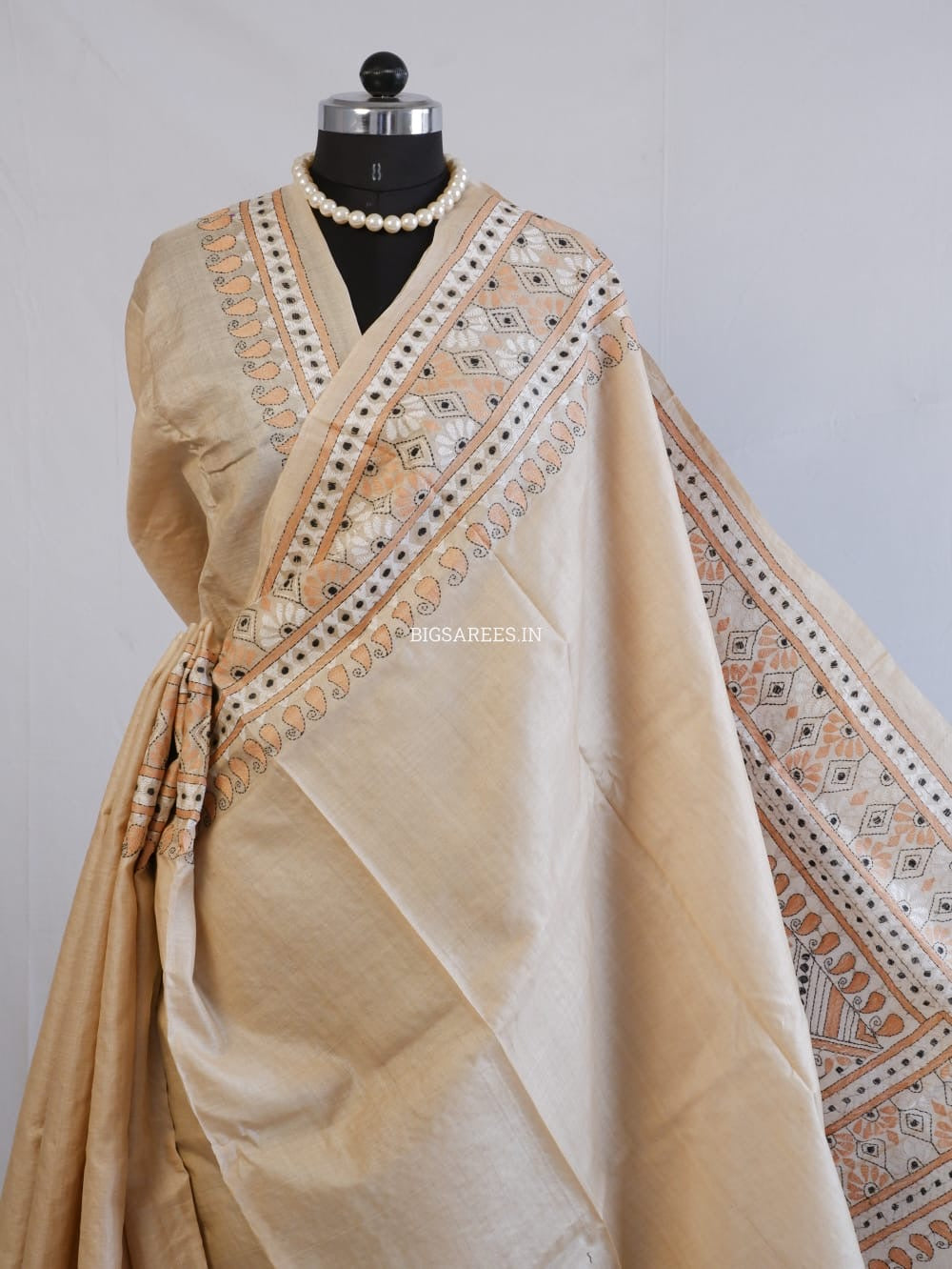 Kantha Stitch Hand Embroidered Saree | Pure Gachi Tussar Silk | Silk Mark Certified | Beige