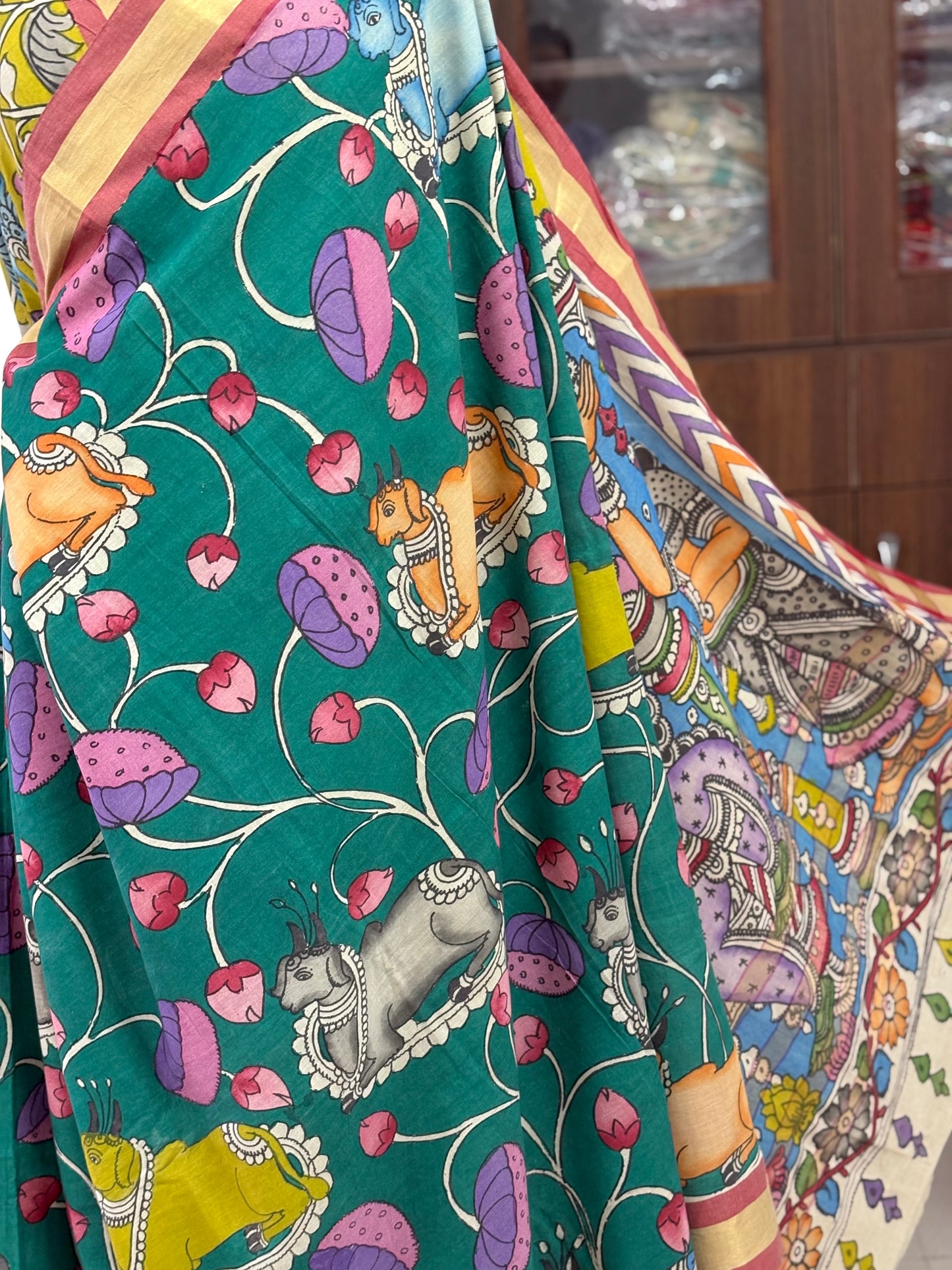 Pen Kalamkari hand painted pure cotton Saree with blouse