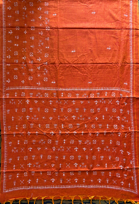 Kantha stitch Khadi Cotton Saree - Saffron
