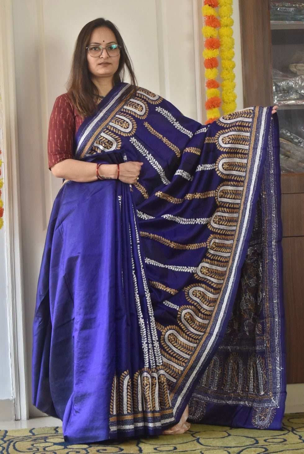 Kantha Stitch Hand Embroidered Pure Banglore Silk Saree