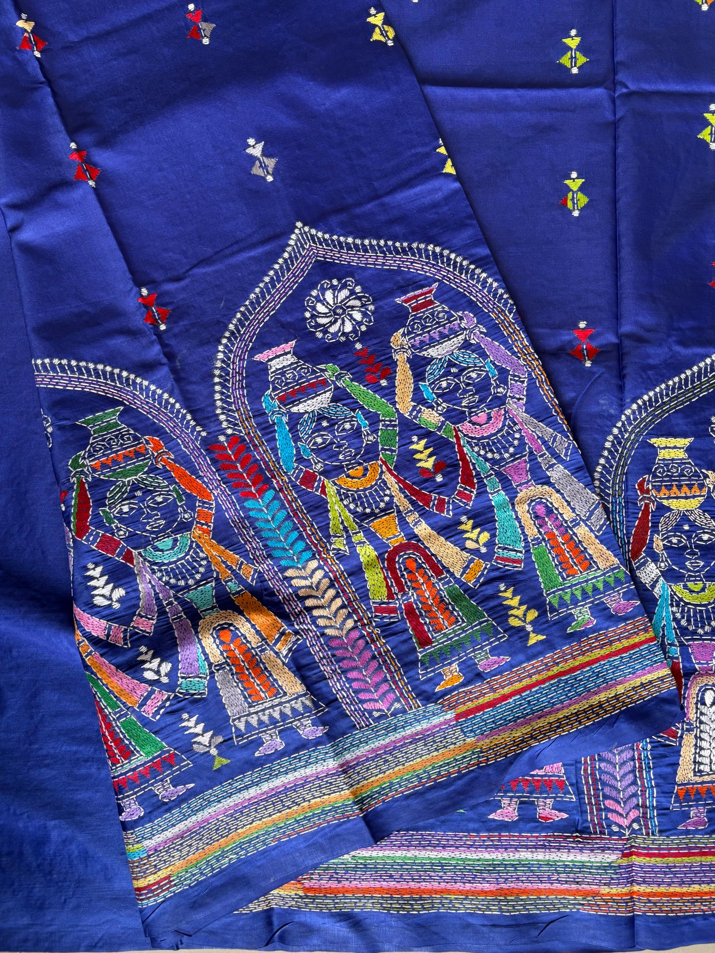 Royal Blue Kantha stitch Hand Work Art Silk Saree With Blouse