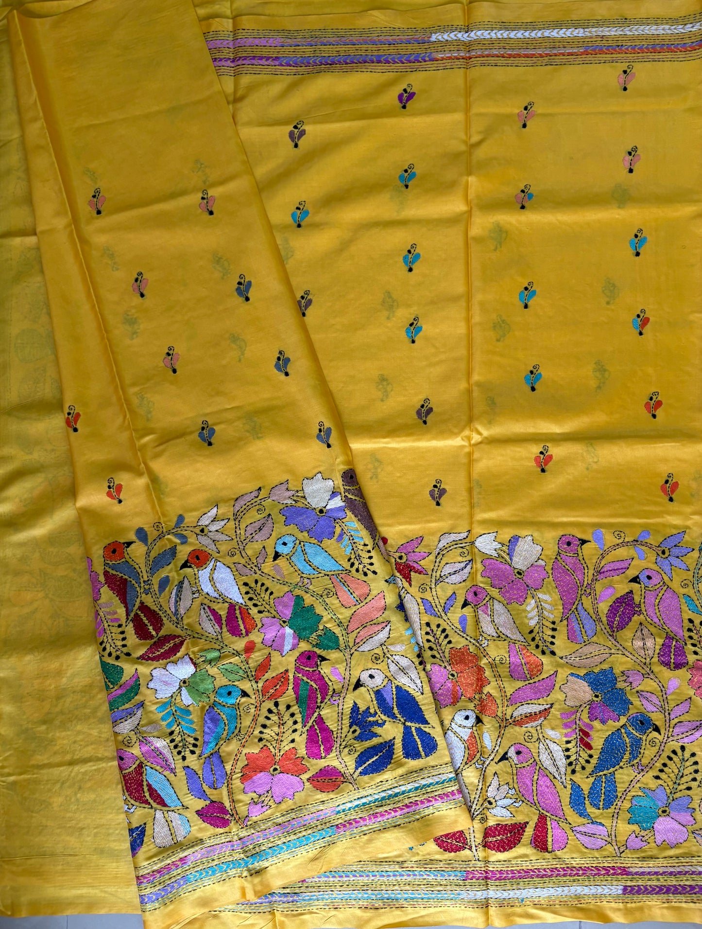 Yellow Kantha stitch Saree in blended Bangalore Silk / Art Silk