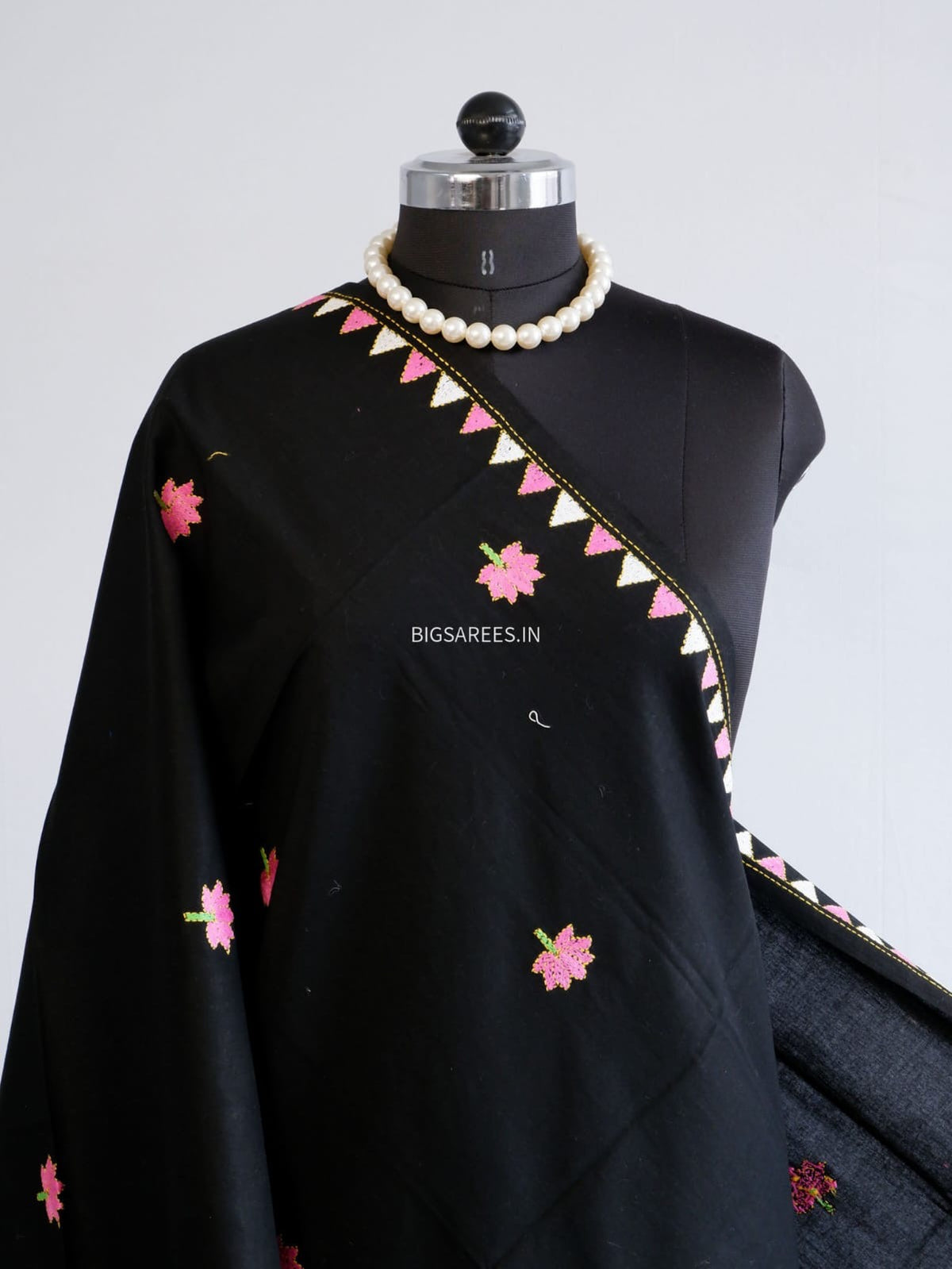 Hand Embroidered Kantha Stitch Dupatta | Khadi Cotton | Black
