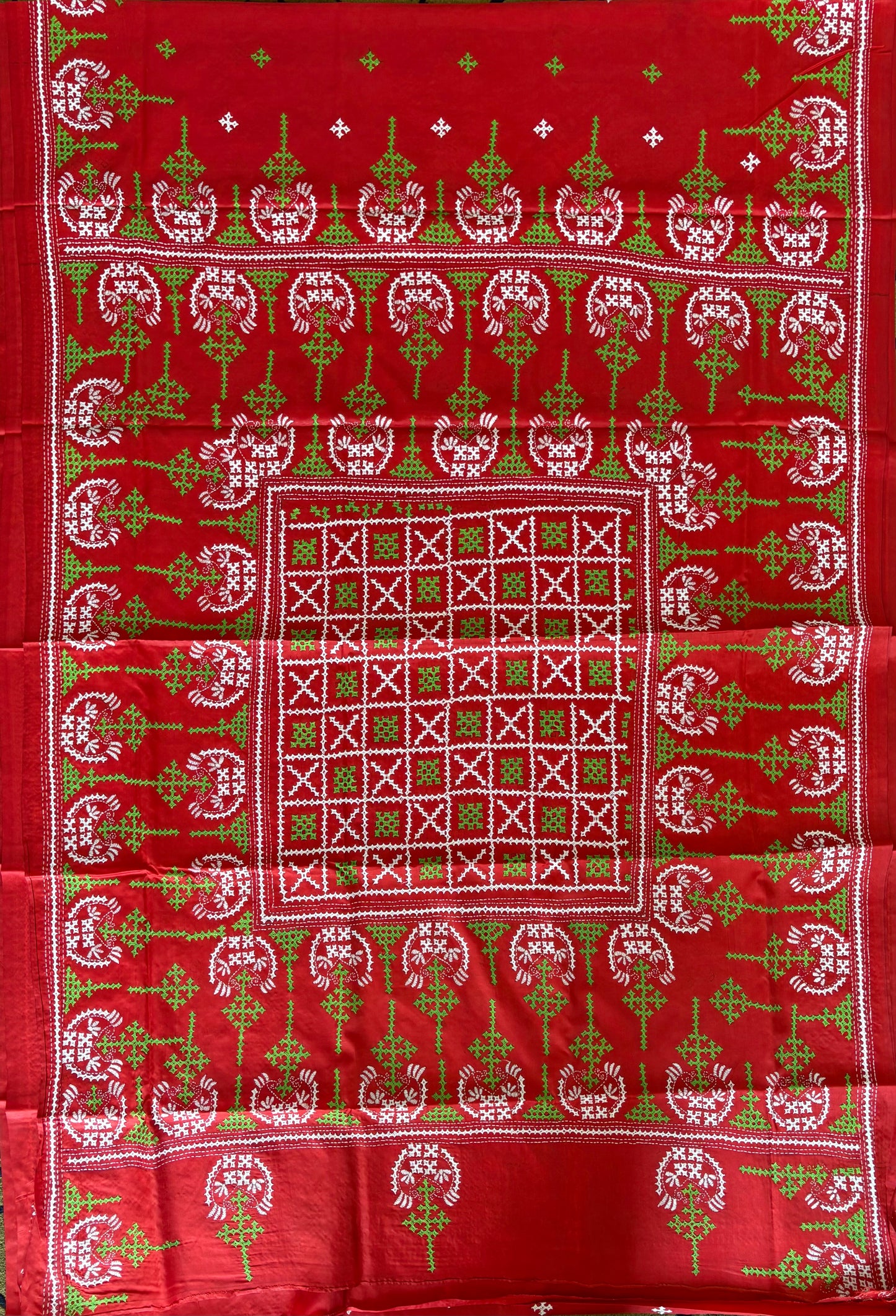 Kutchi/Gujarati Hand Embroidered Saree  | Blended Bangalore Silk / Art Silk | Red