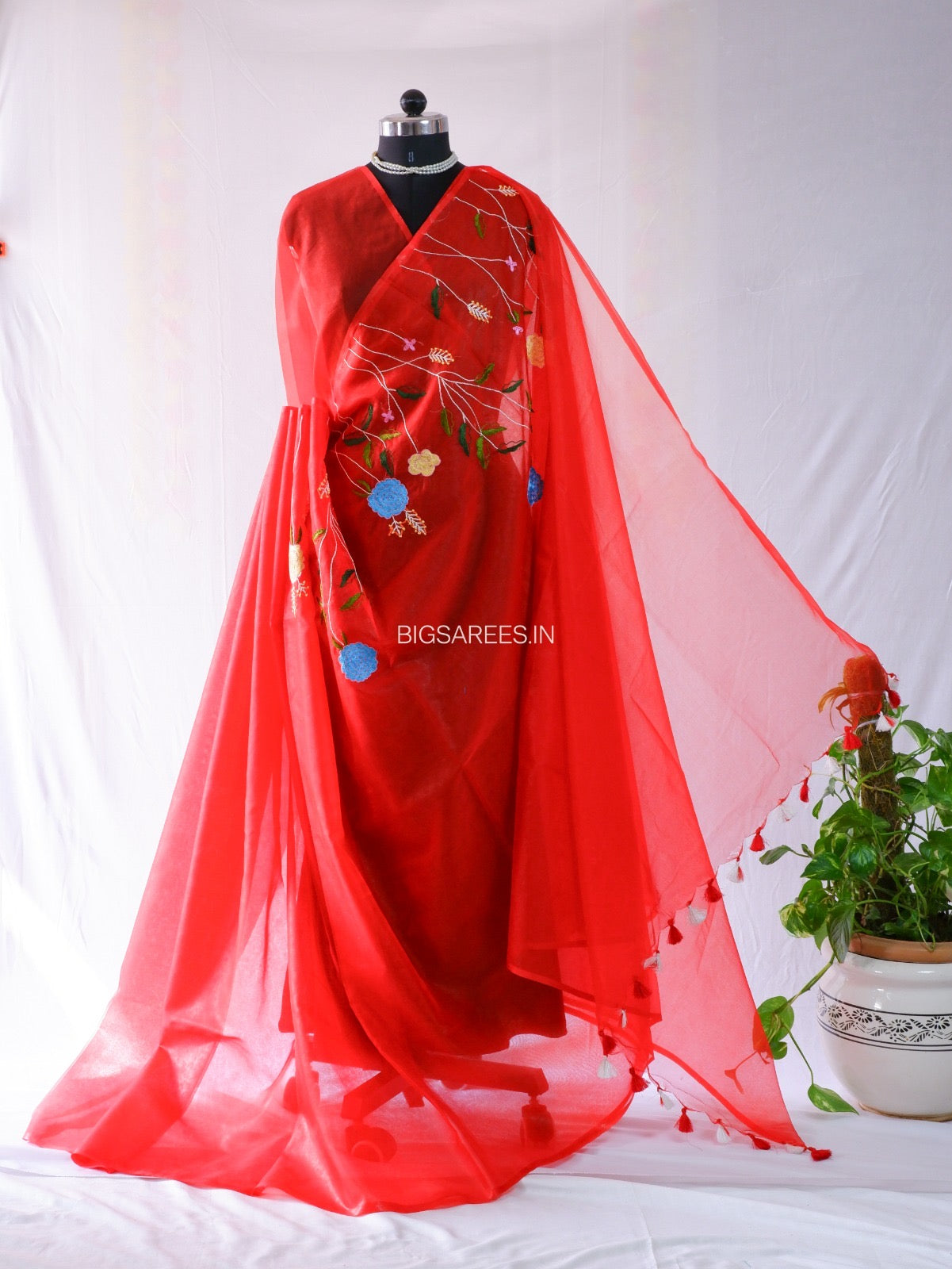 Designer Embroidered Semi Organza Silk Saree | Red