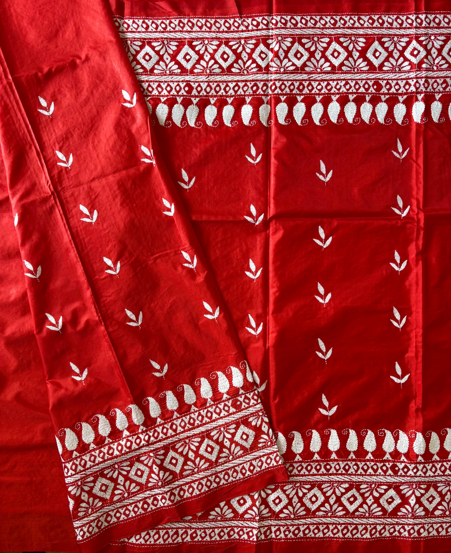 Kantha - Stitch Hand Embroidered Saree | Blended Bangalore Silk / Art Silk | Red
