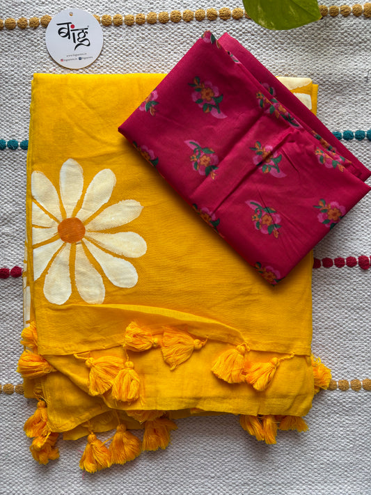 Hand Painted Mul Cotton Saree with Blouse | Yellow