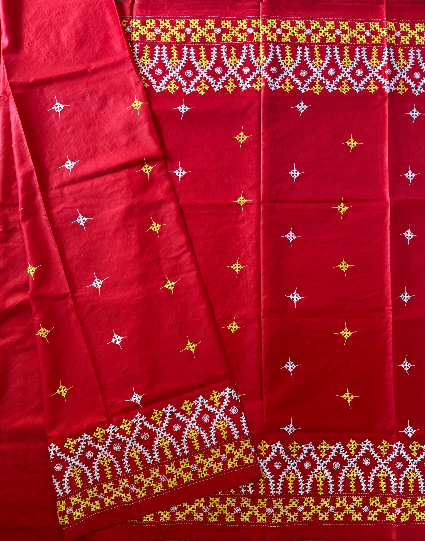 Gujrati Stitch/Kutch Hand Embroidered Art Silk Saree