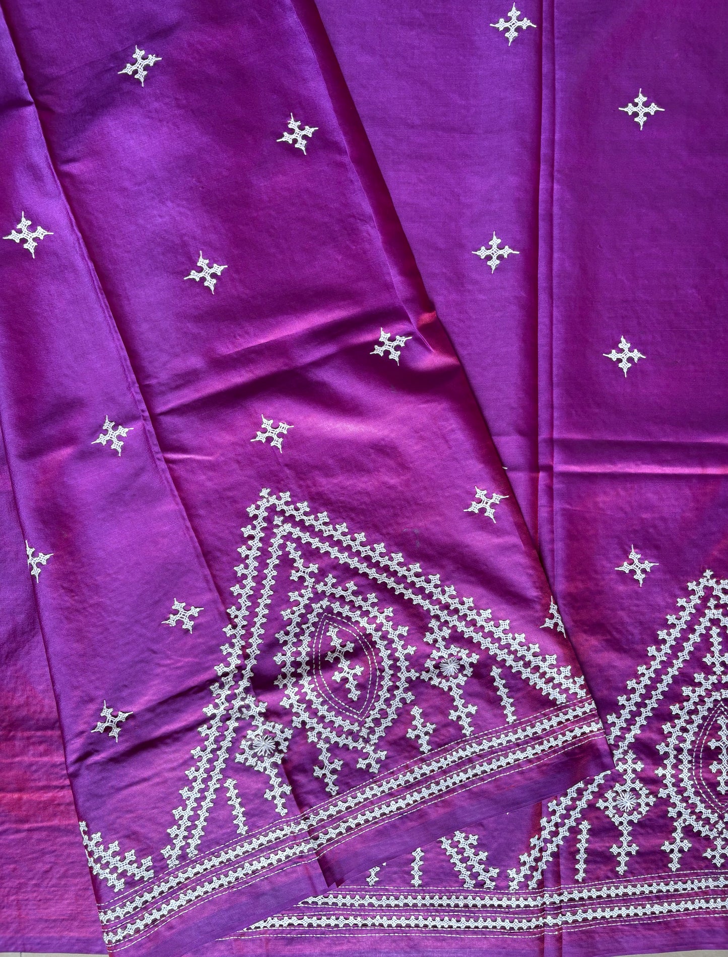 Gujrati Stitch/Kutch Hand Embroidered Art Silk Saree