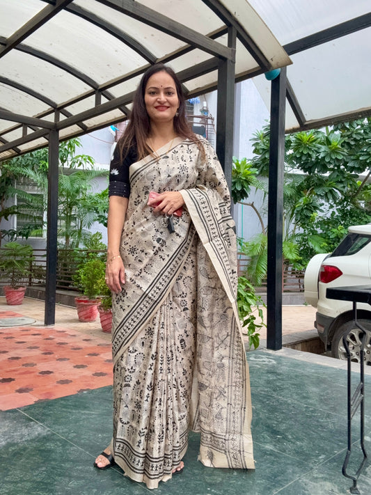 Kantha Stitch Hand Embroidered Pure Gachi Tussar Silk Saree (Silk Marked)