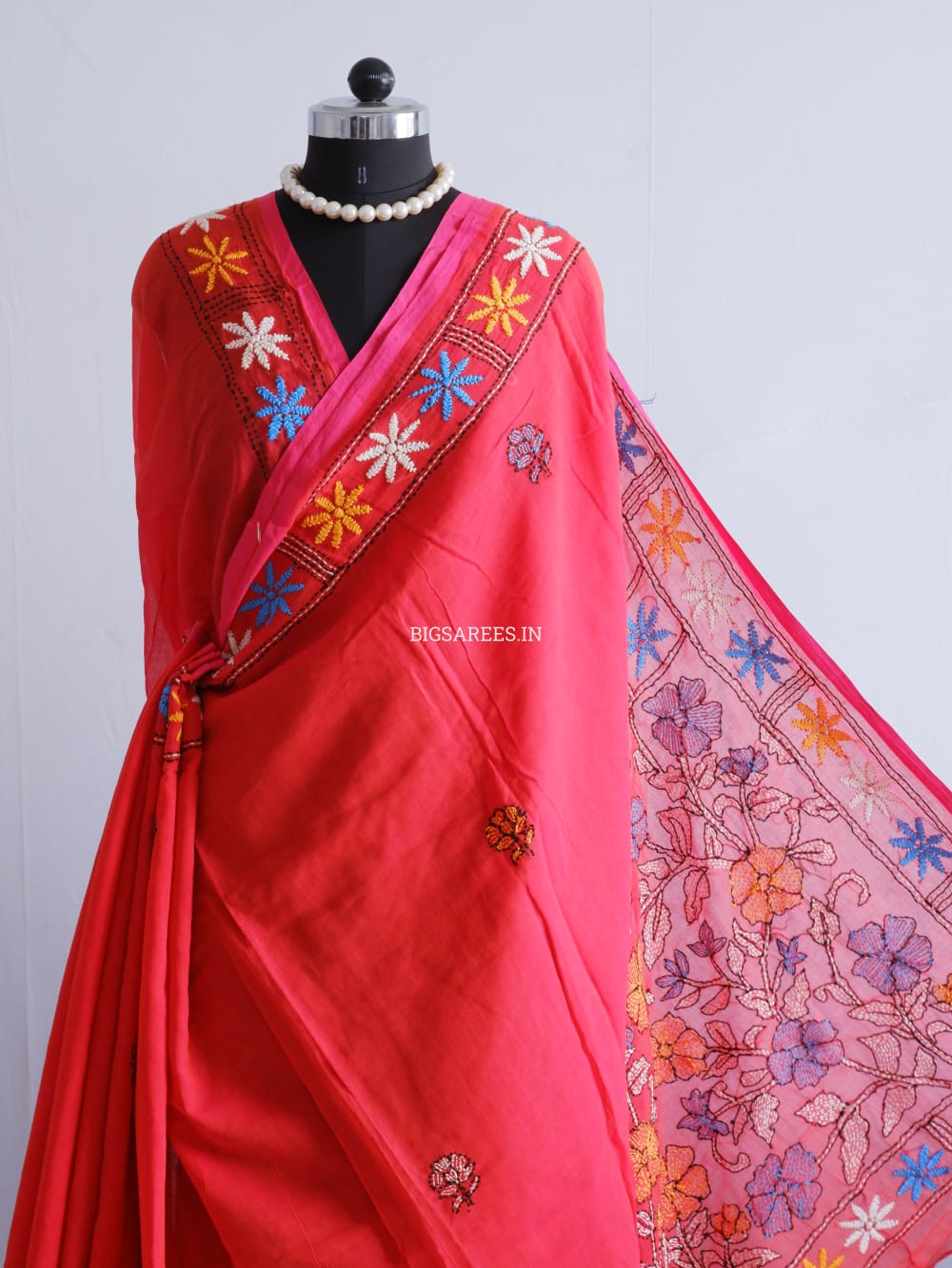 Kantha stitch Hand Embroidered Pure mul Cotton Saree