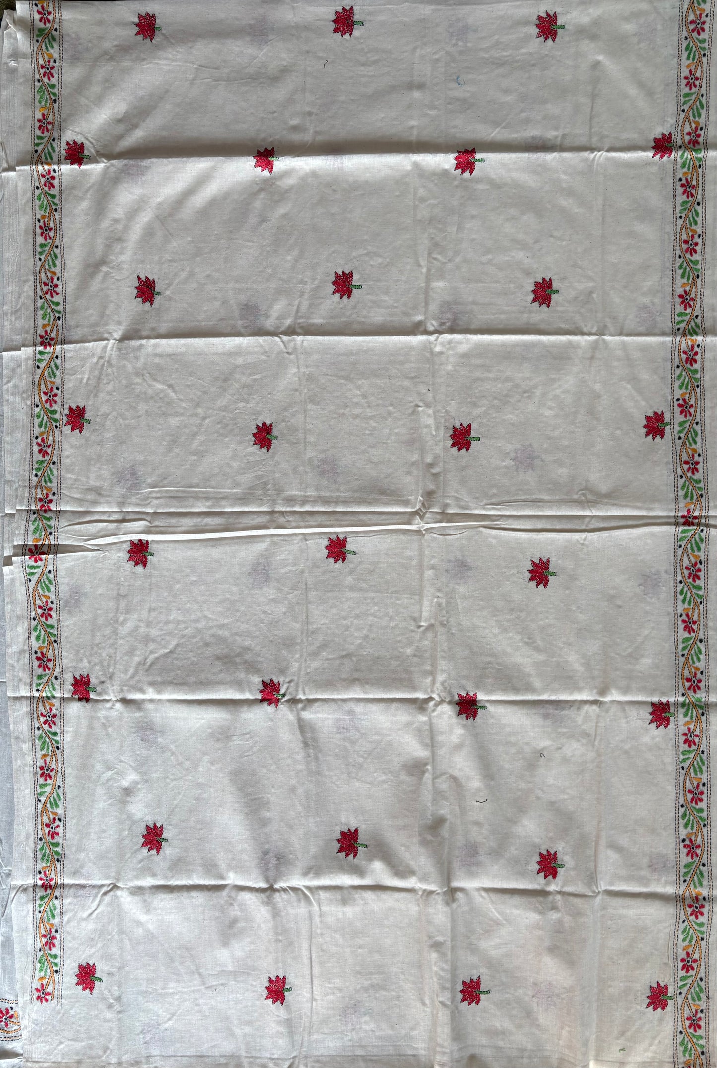 Kantha stitch Khadi Cotton Saree - off white