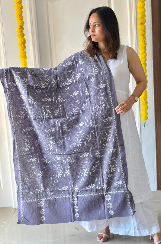 Kantha Hand Embroidary Full Work Pure Cotton Dupatta- Grey