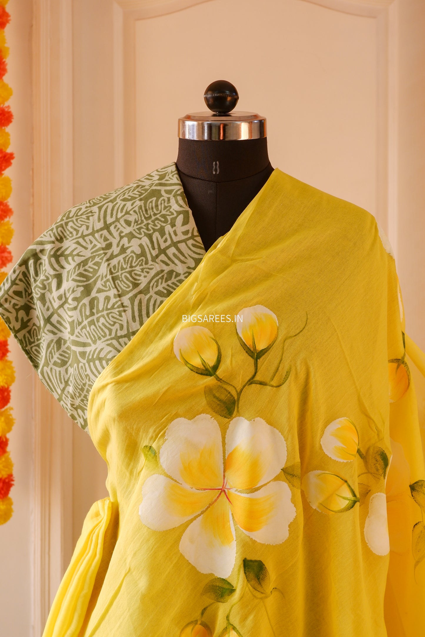Hand Painted Mul Cotton Saree with Blouse | Yellow
