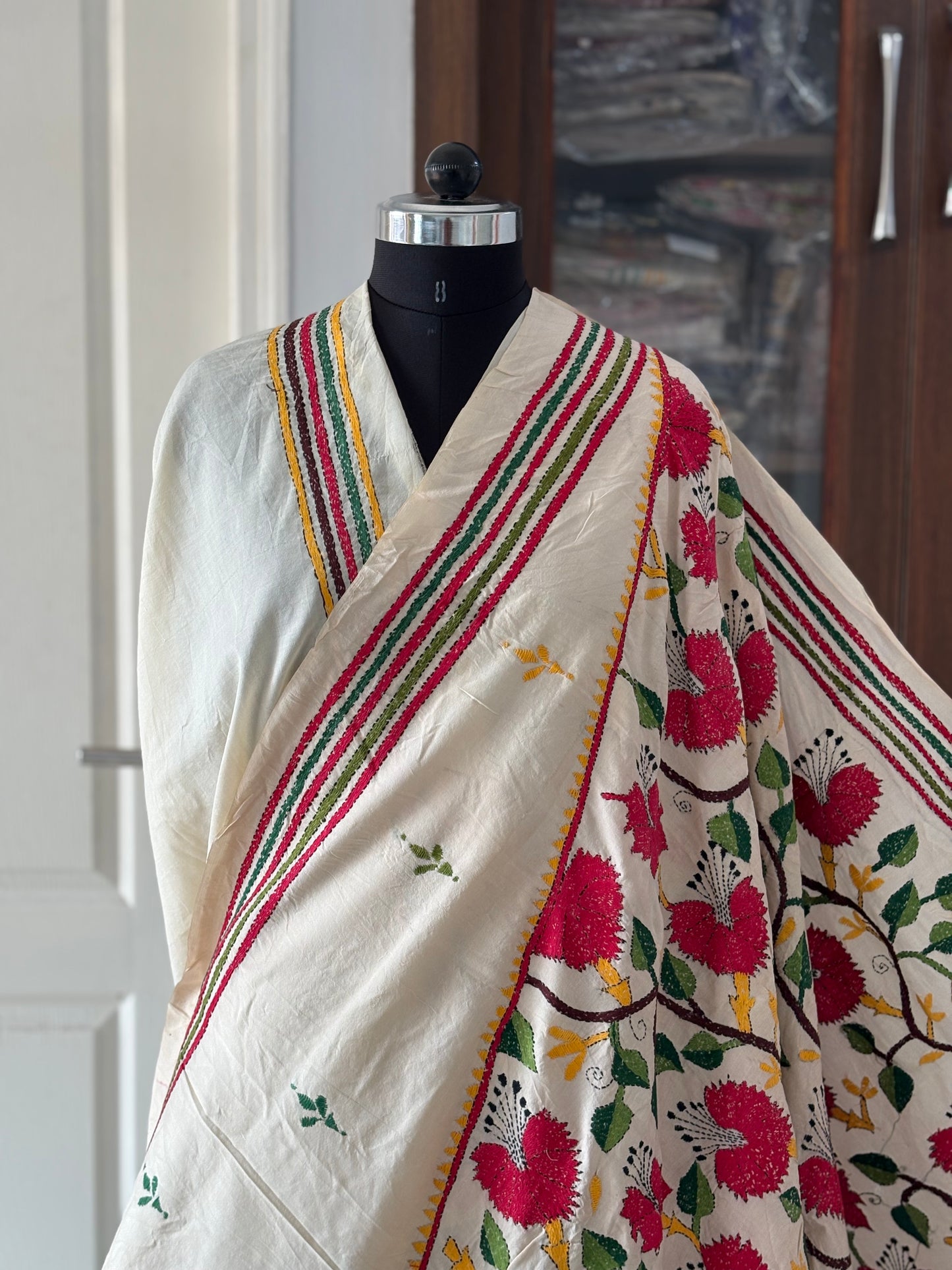 Off White Kantha Hand Embroidered Tussar Silk Saree