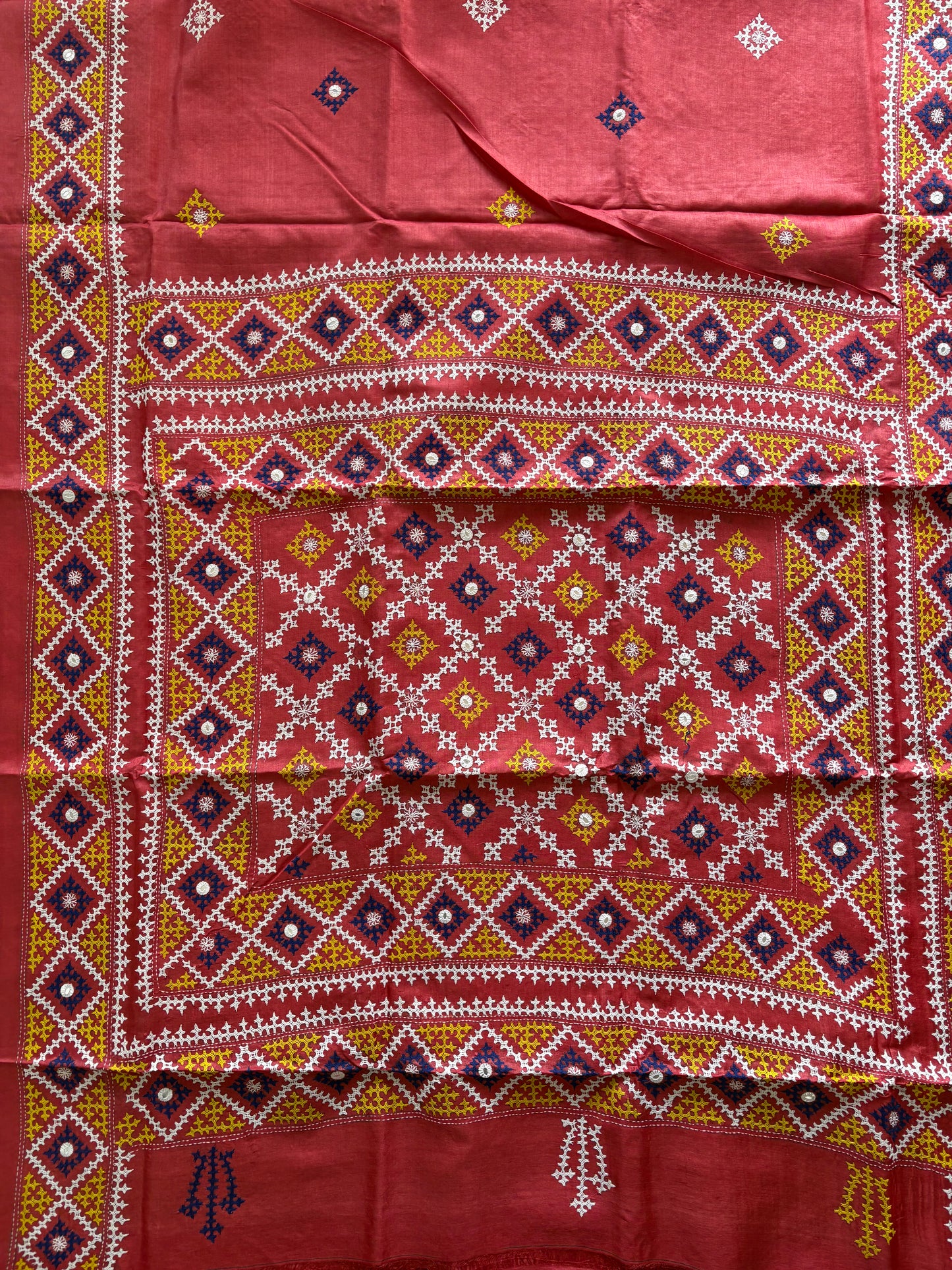 Kutchi Hand Embroidered Saree | Pure Tassar Silk | Silk Marked | Pinkish/Red
