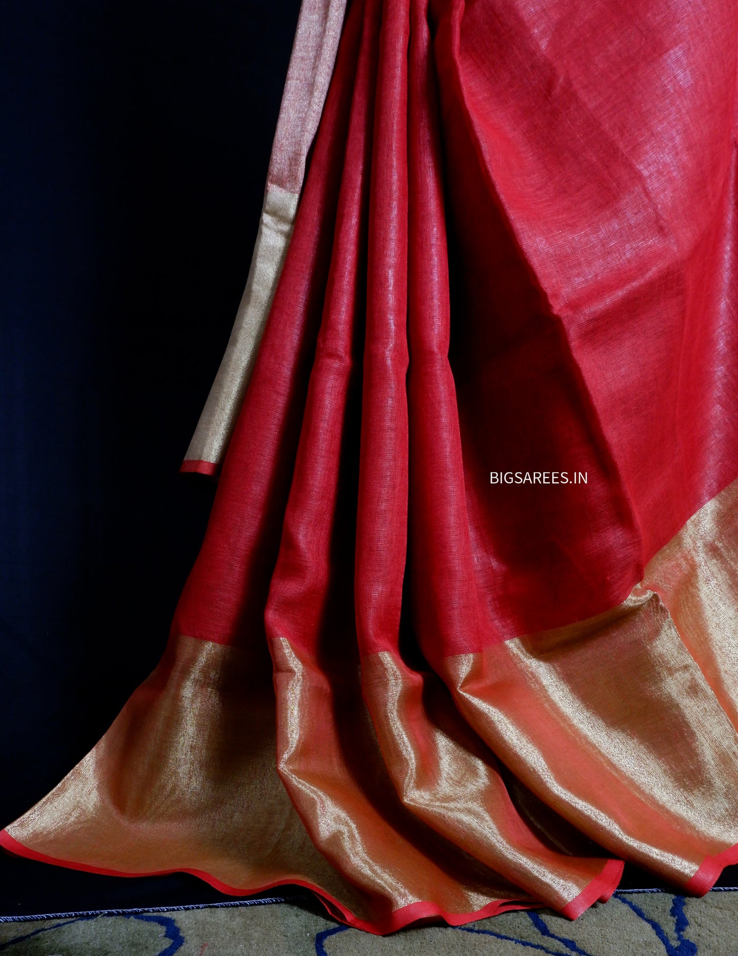 Red golden pure Linen By Linen Saree With running Blouse