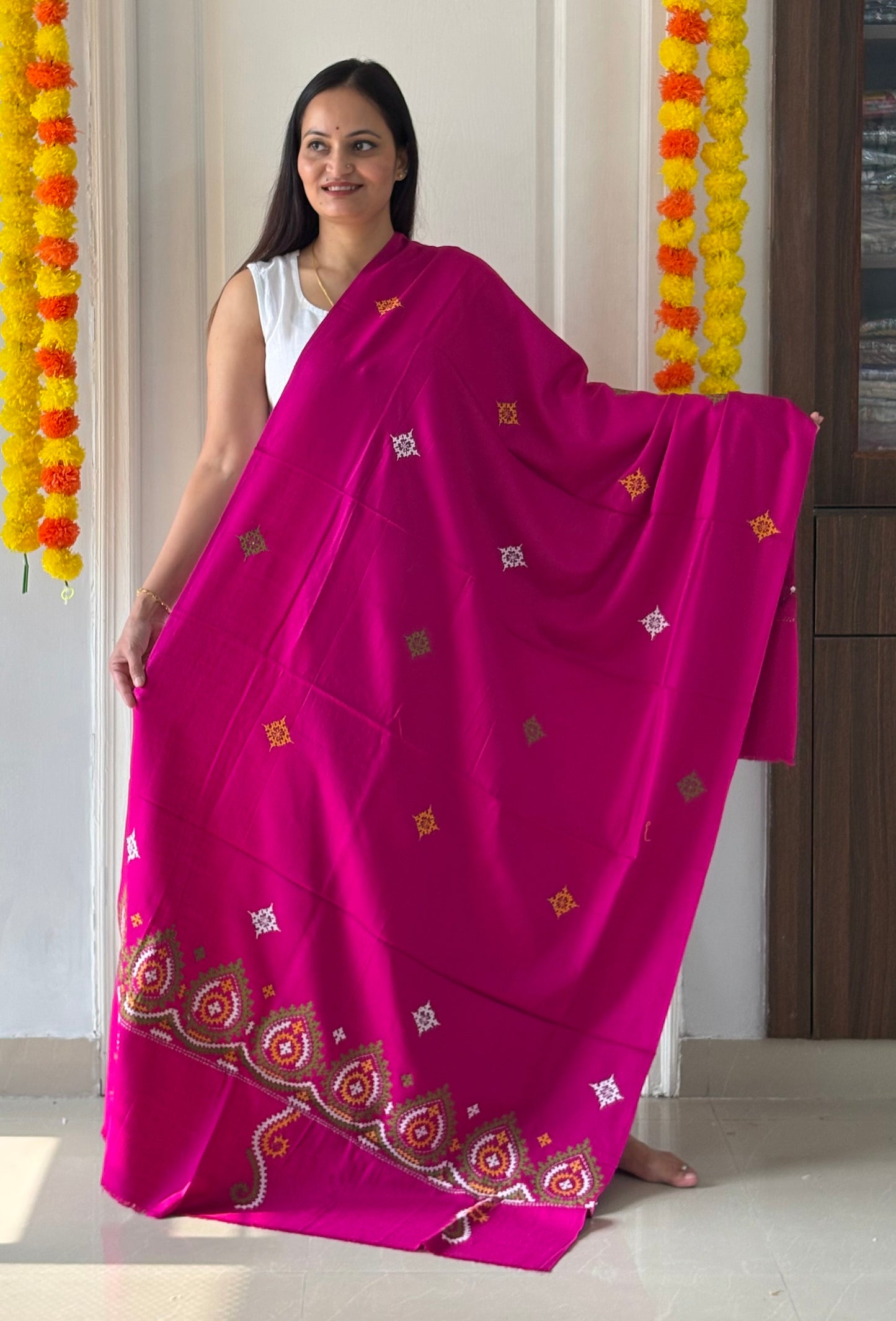 Gujrati Stitch Hand Embroidered Woollen Warm Shawl