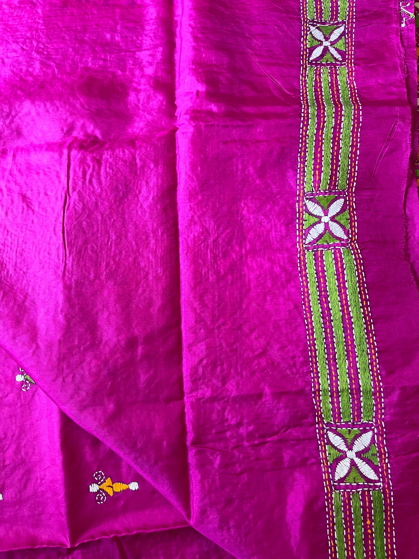 Kantha Hand Embroidered Blended Banglore Silk/Art Silk Saree With Blouse