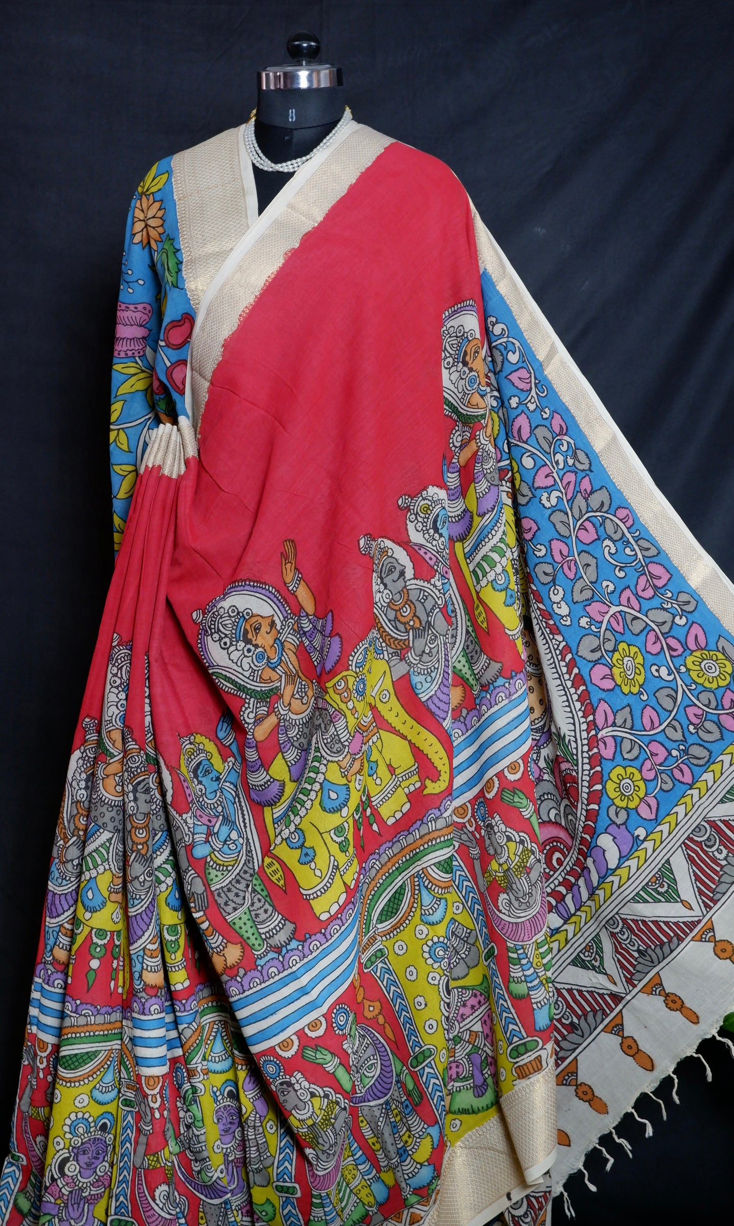 Pen Kalamkari hand painted pure cotton Saree with blouse