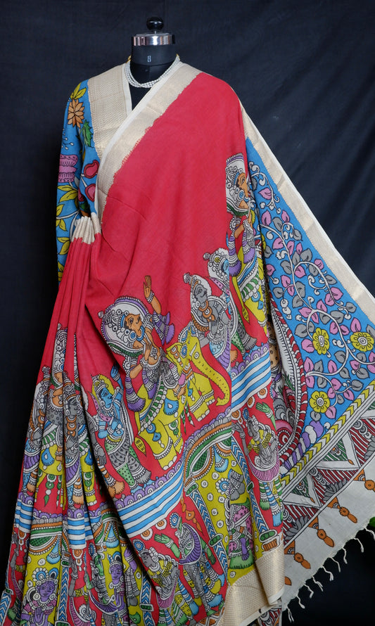 Pen Kalamkari hand painted pure cotton Saree with blouse
