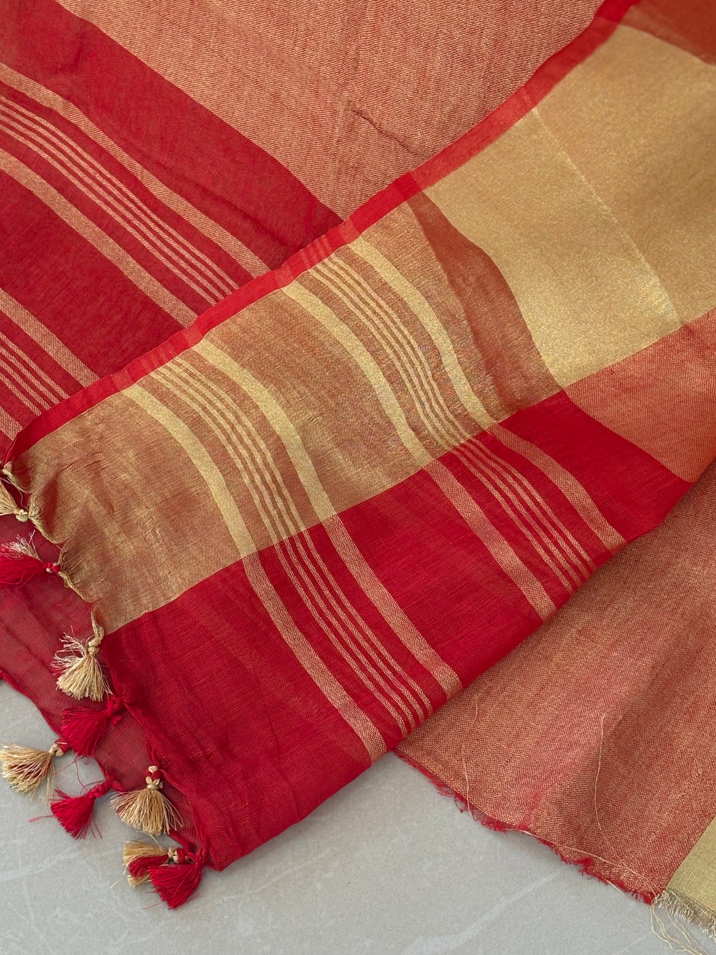 Red golden pure Linen By Linen Saree With running Blouse