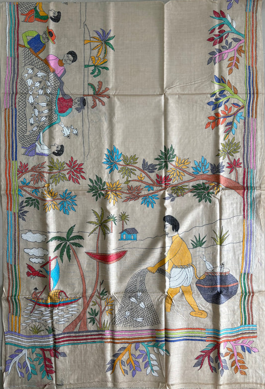 Kantha Stitch Hand Embroidered Pure Gachi by Gachi Tassar Silk Saree (Silk Marked)