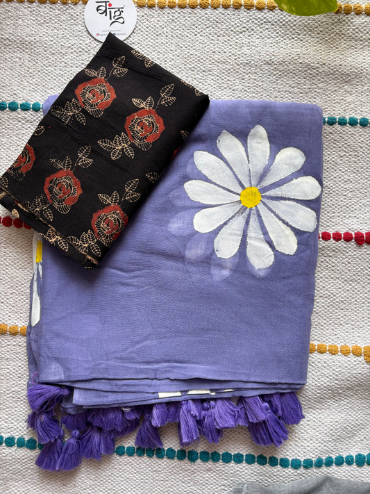 Hand Painted Mul Cotton Saree with Blouse | Purple