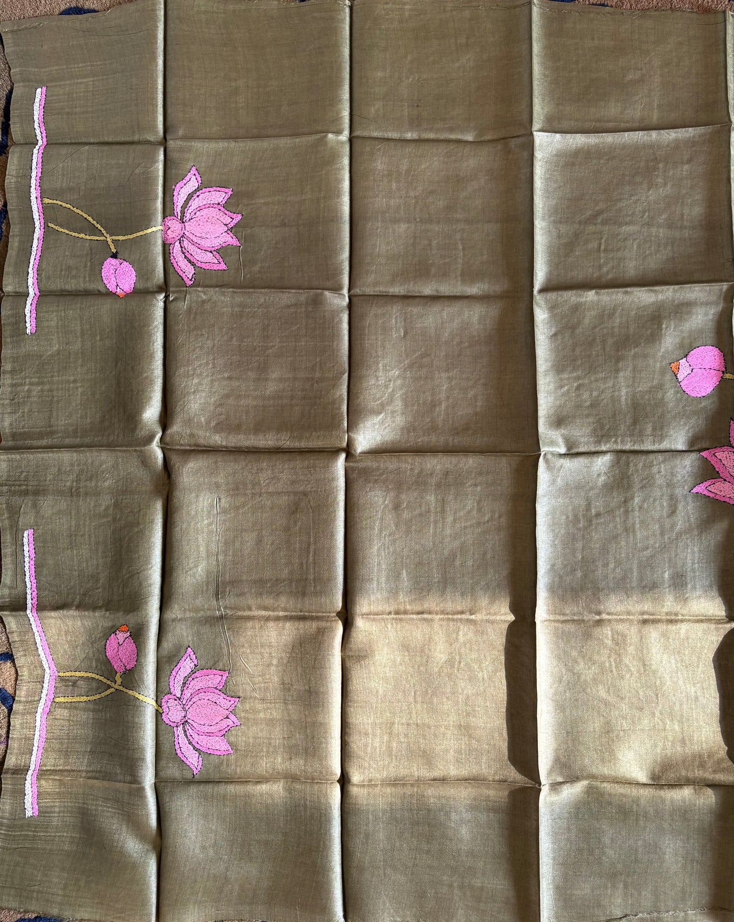 Kantha Stitch Pure Tassar Silk Blouse Piece - olive green