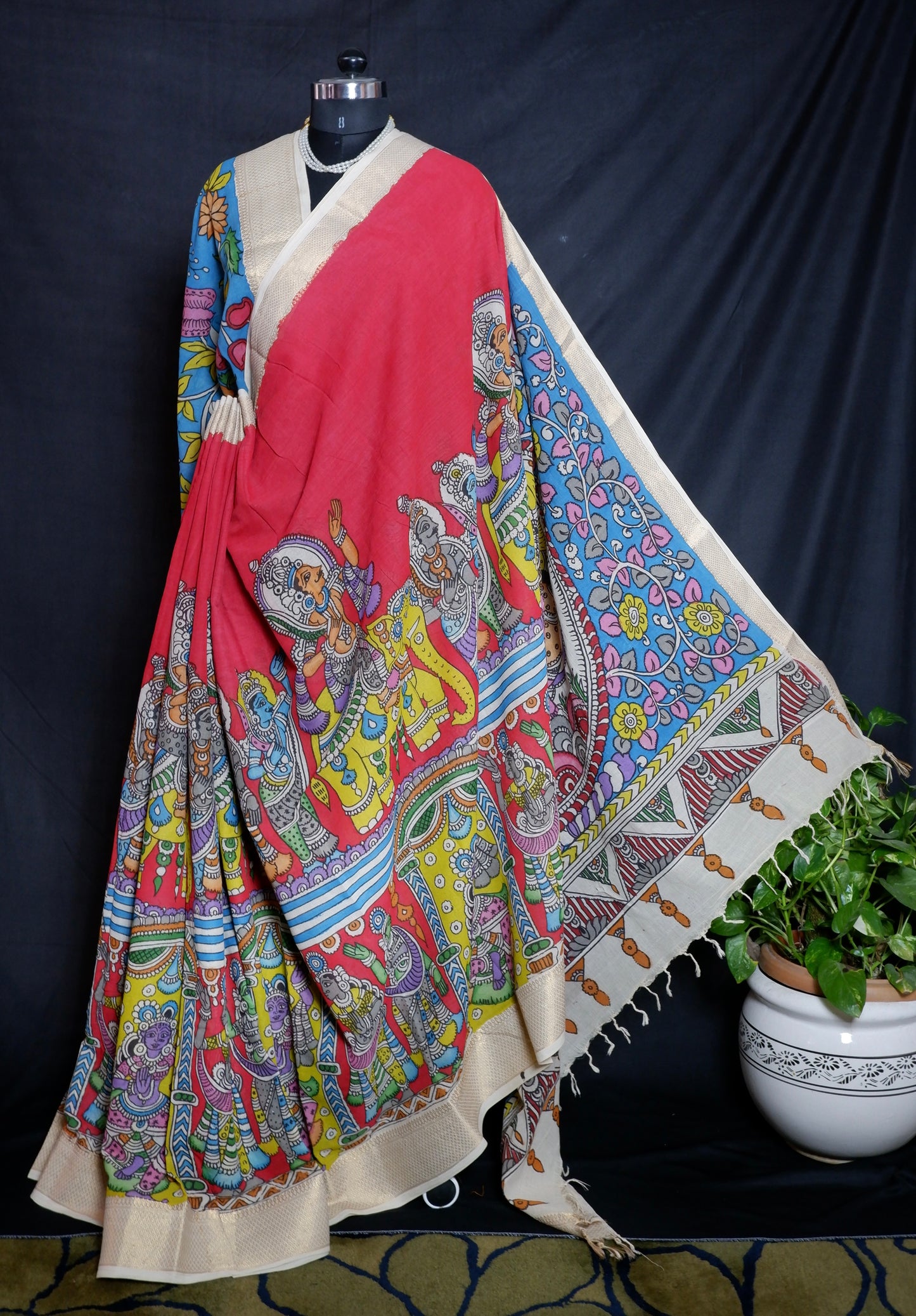 Pen Kalamkari hand painted pure cotton Saree with blouse