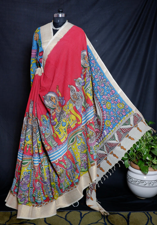 Pen Kalamkari hand painted pure cotton Saree with blouse