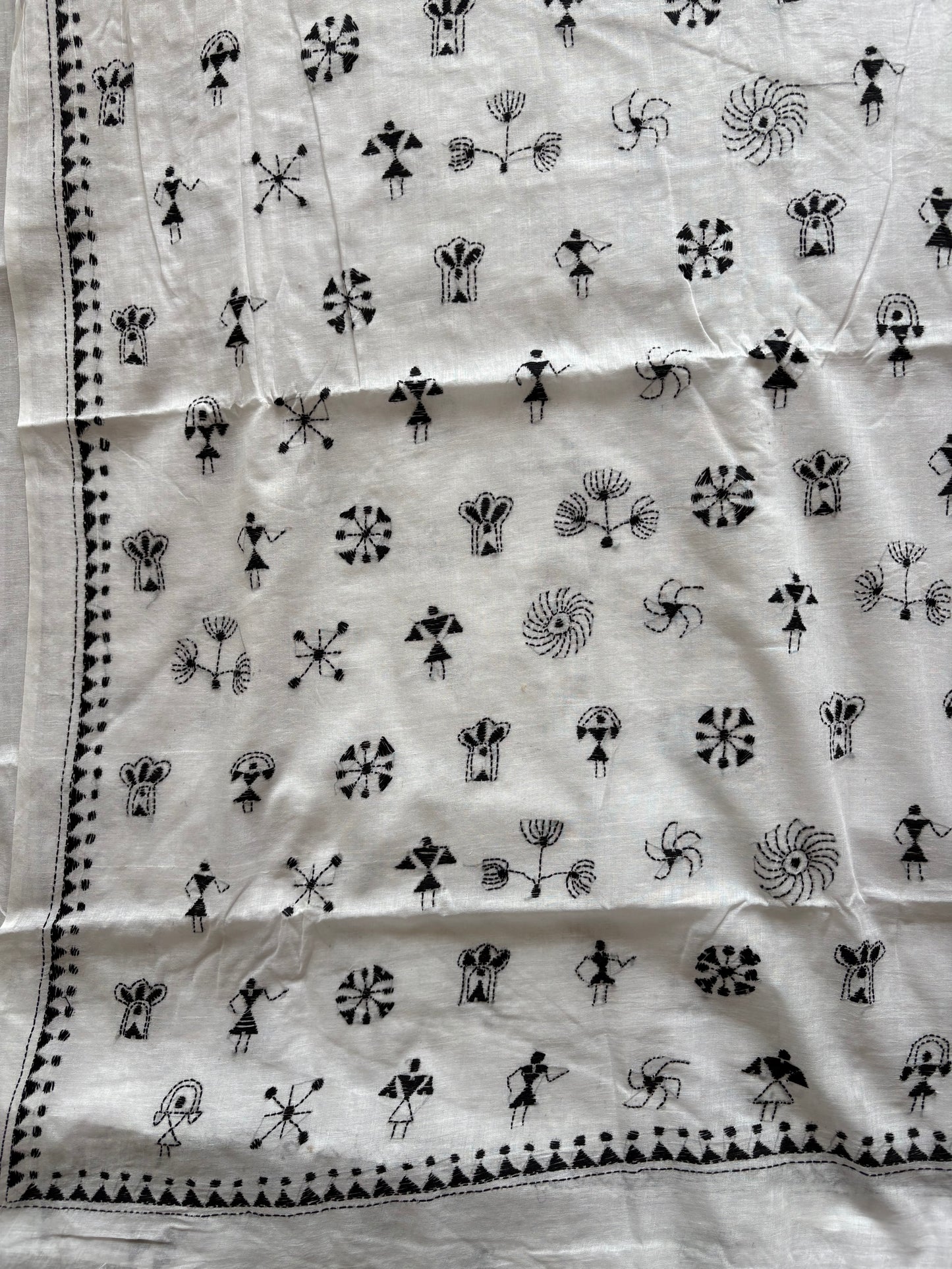 Kantha Hand Embroidered Pure Cotton Saree - white