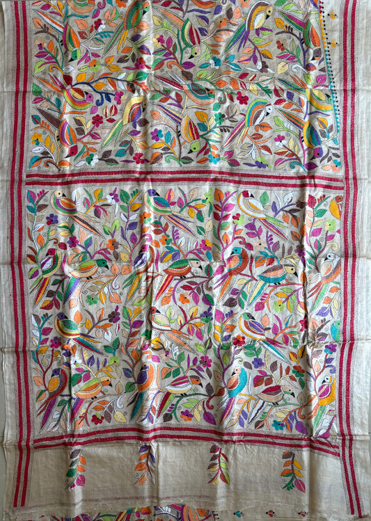 Kantha Stitch Hand Embroidered Pure Gachi Tussar Silk Saree (Silk Marked)