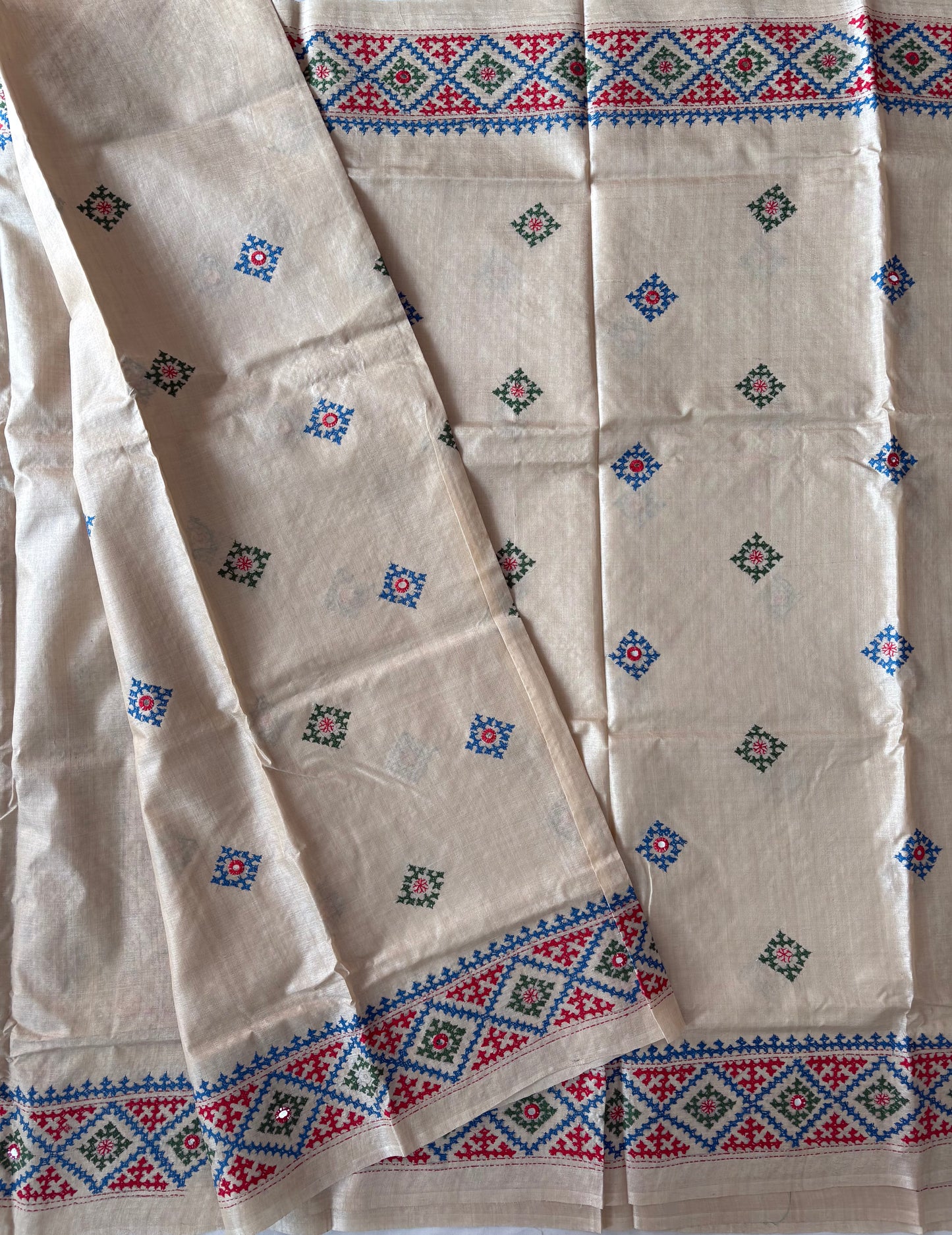 Kutchi Hand Embroidered Saree | Pure Gachi by Gachi Tassar Silk | Silk Marked | Off-White