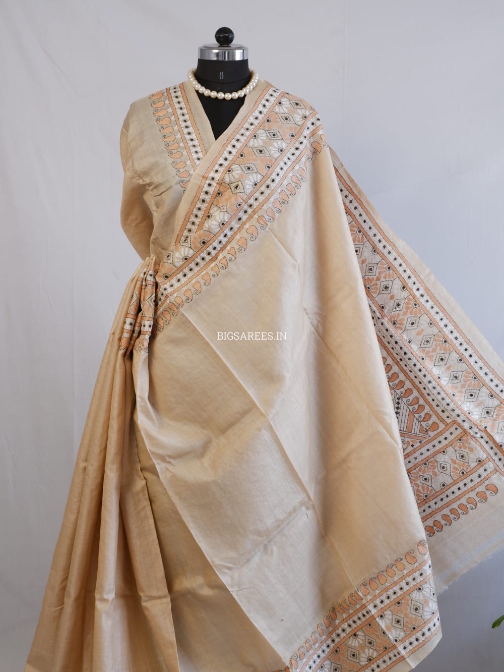 Kantha Stitch Hand Embroidered Saree | Pure Gachi Tussar Silk | Silk Mark Certified | Beige