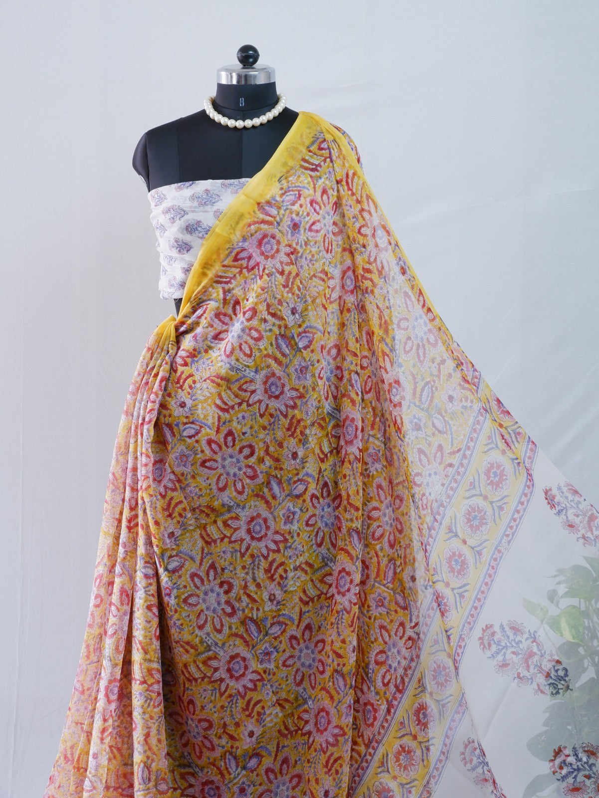 Hand Block Print Saree | Pure Chiffon | Yellow