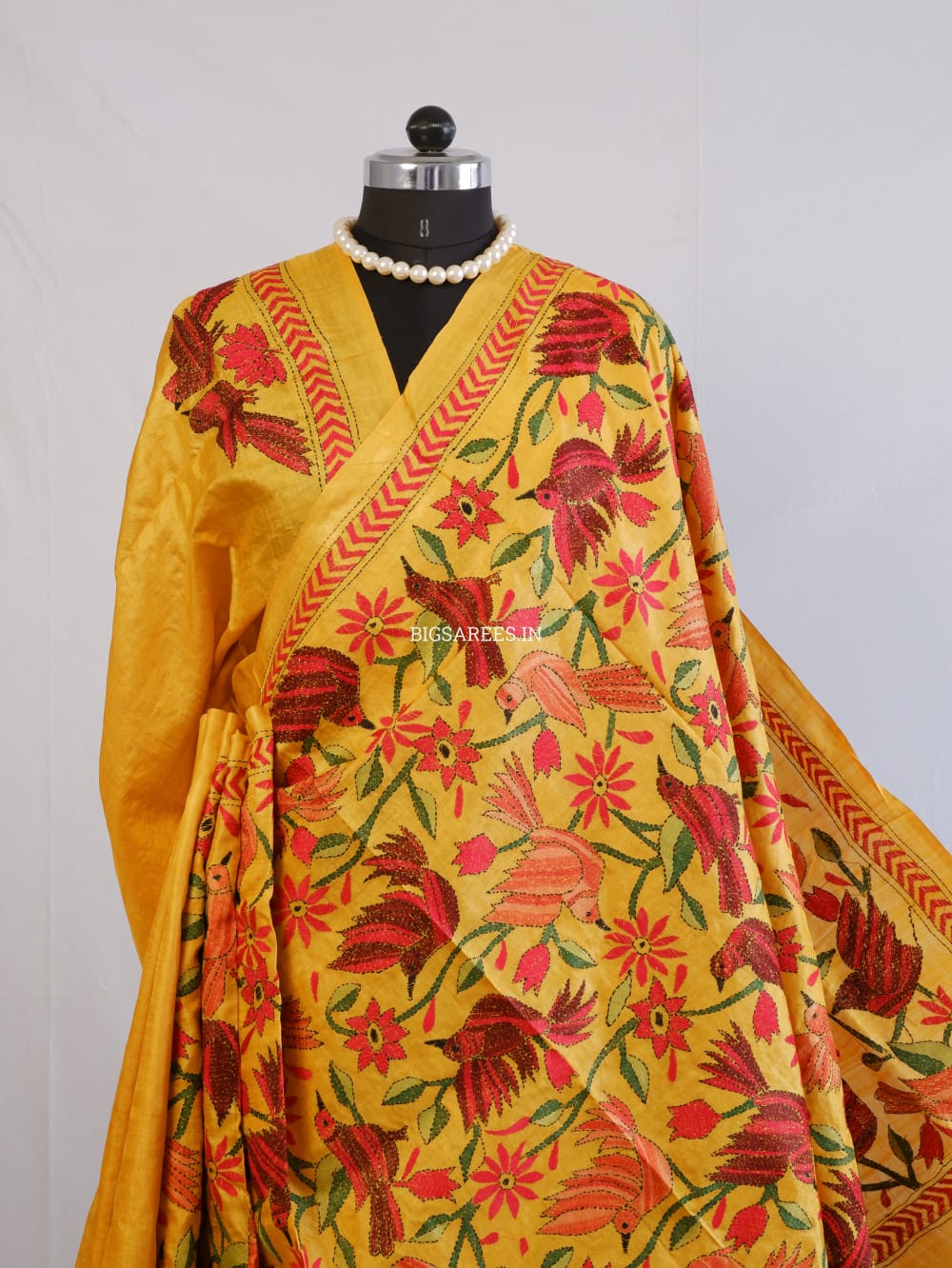 Kantha Stitch Hand Embroidered Saree | Pure Tussar Silk | Silk Mark Certified | Orange