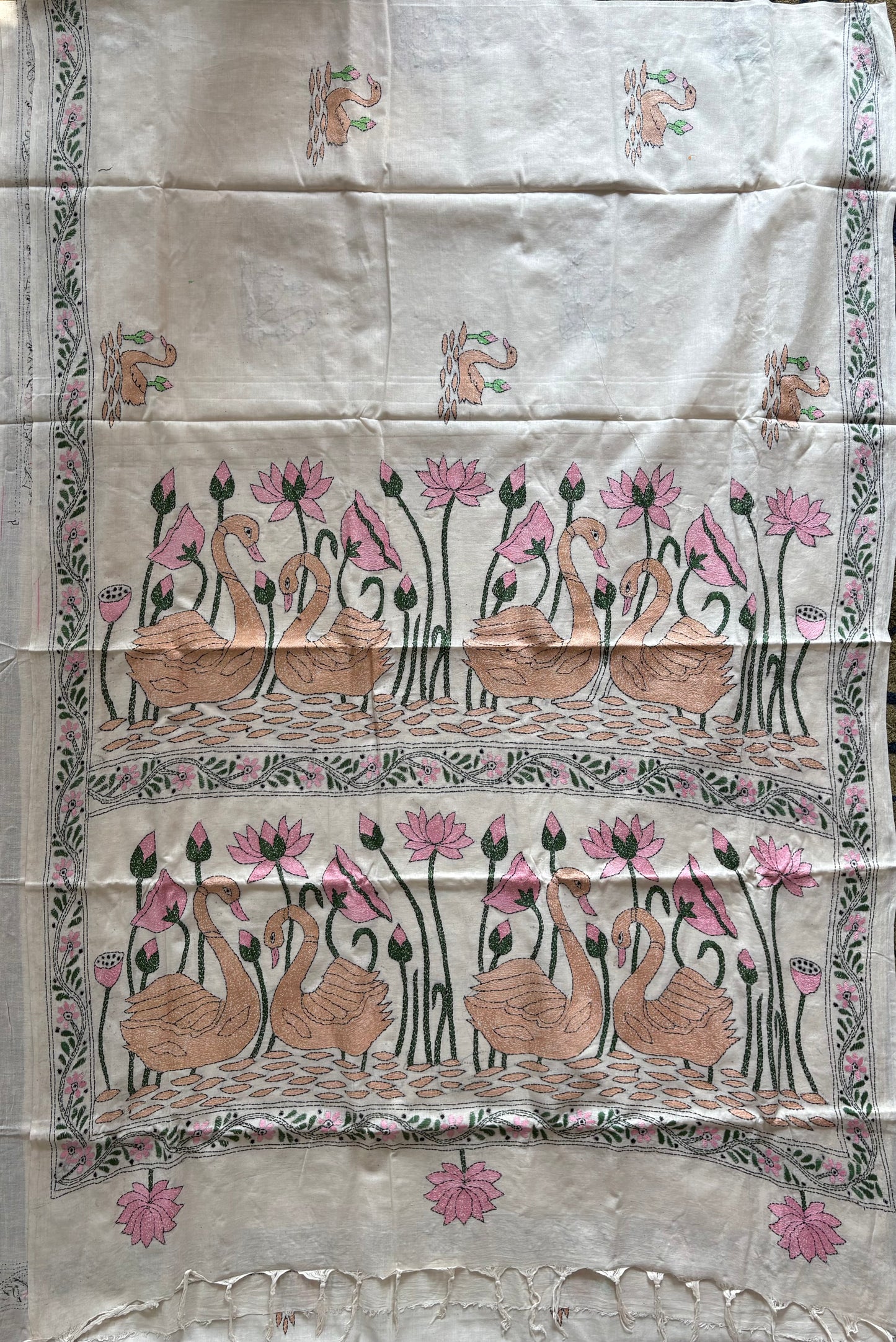 Kantha stitch Khadi Cotton Saree - Off white