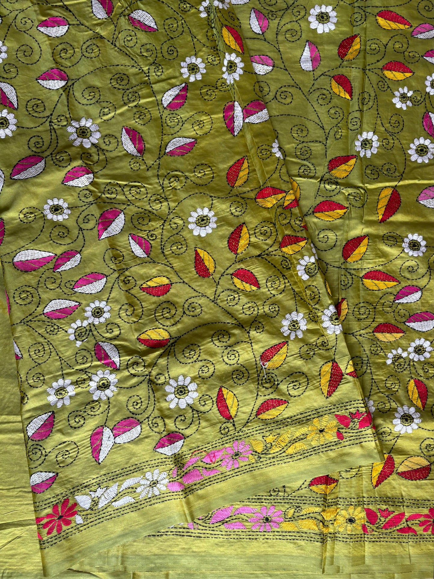 Black Kantha Hand Embroidered Blended Banglore Silk/Art Silk Saree With Blouse