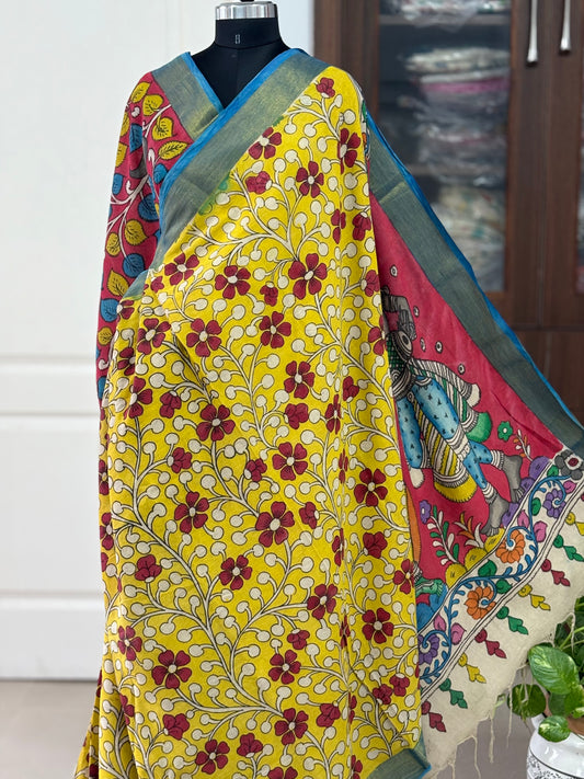 Pen Kalamkari hand painted pure cotton Saree with blouse