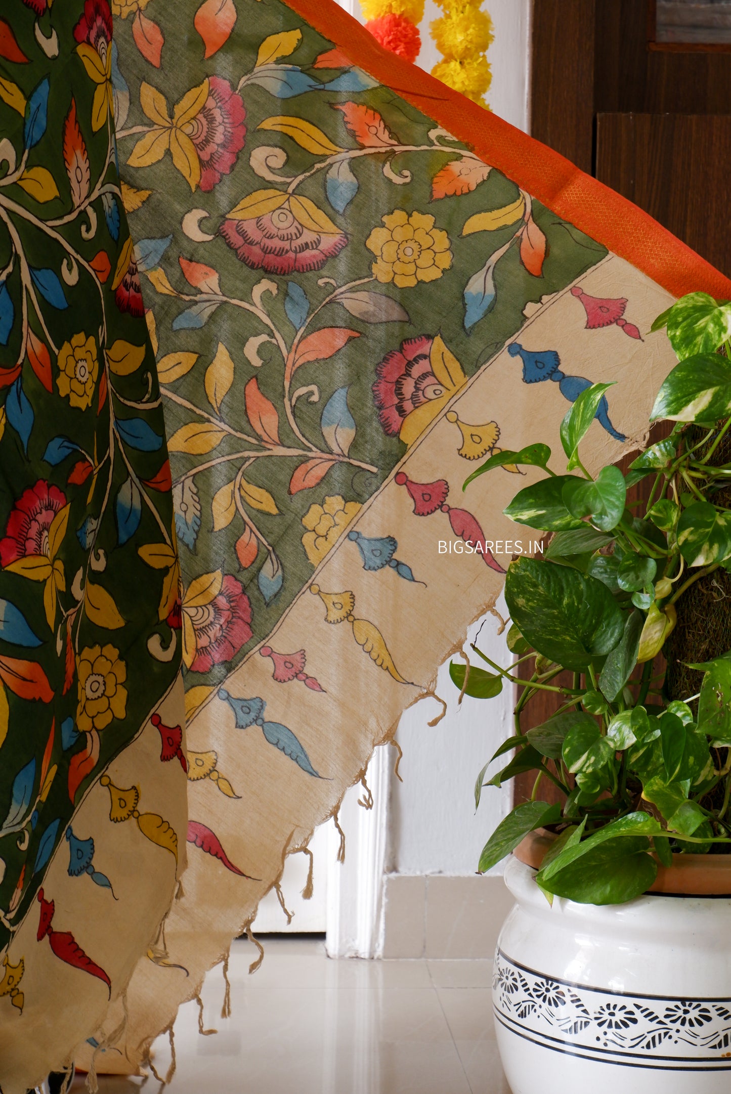 Pen Kalamkari Hand Painted Bangalore Silk Dupatta | Dark Green | 36"