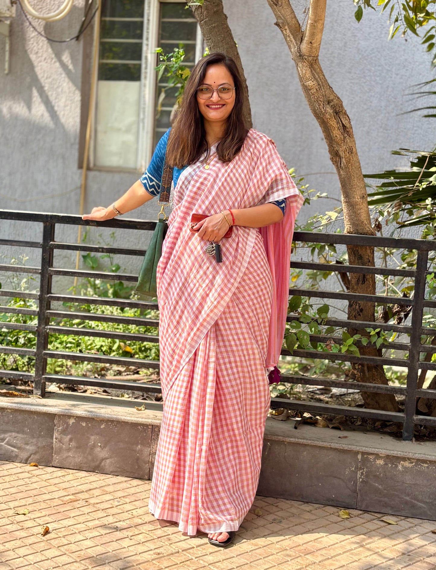 Checkered Mul Cotton Saree With Ikat Blouse | Ultra Lightweight | Pink