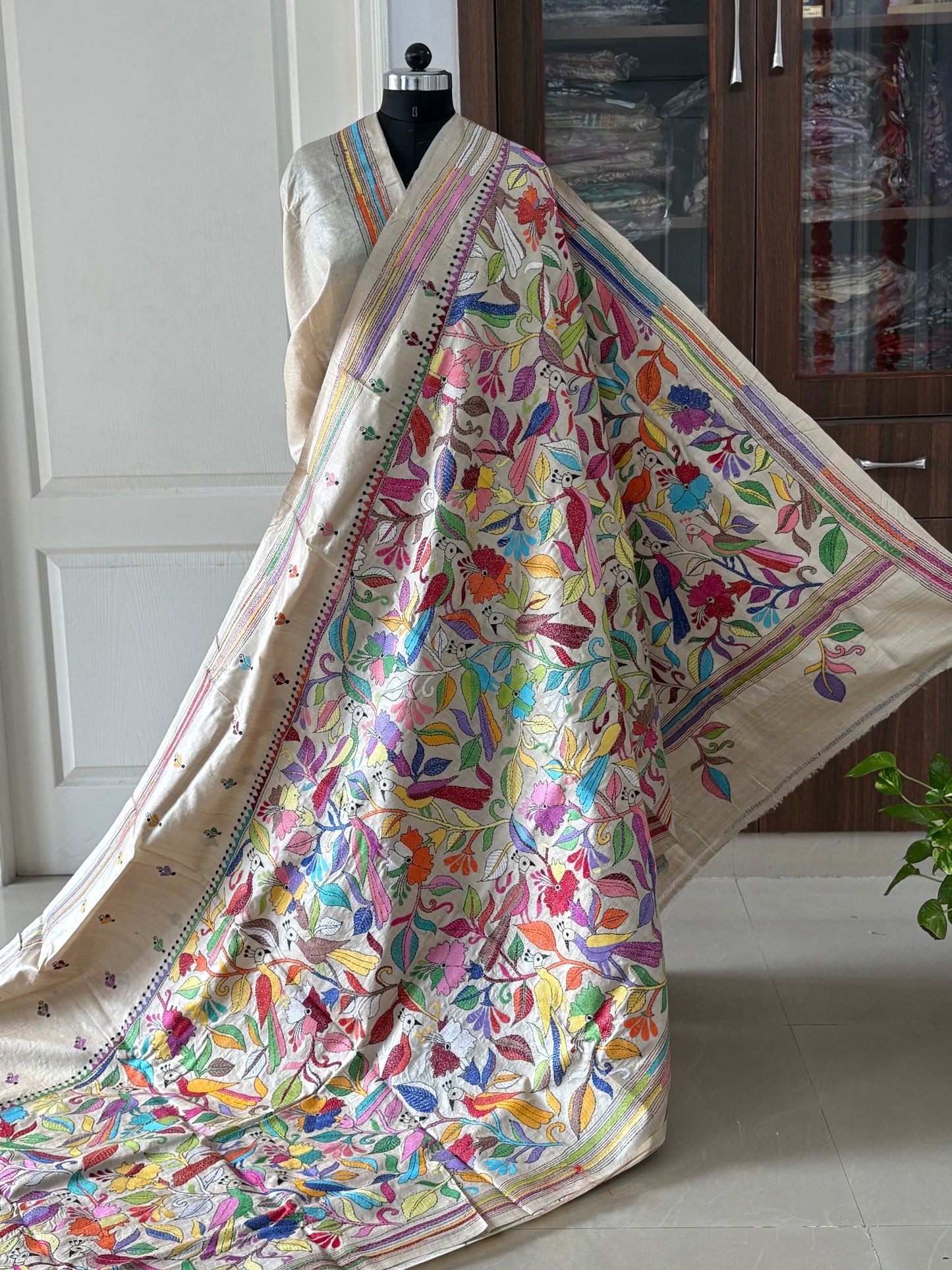 Kantha Stitch Hand Embroidered Pure Gachi Tussar Silk Saree (Silk Marked)