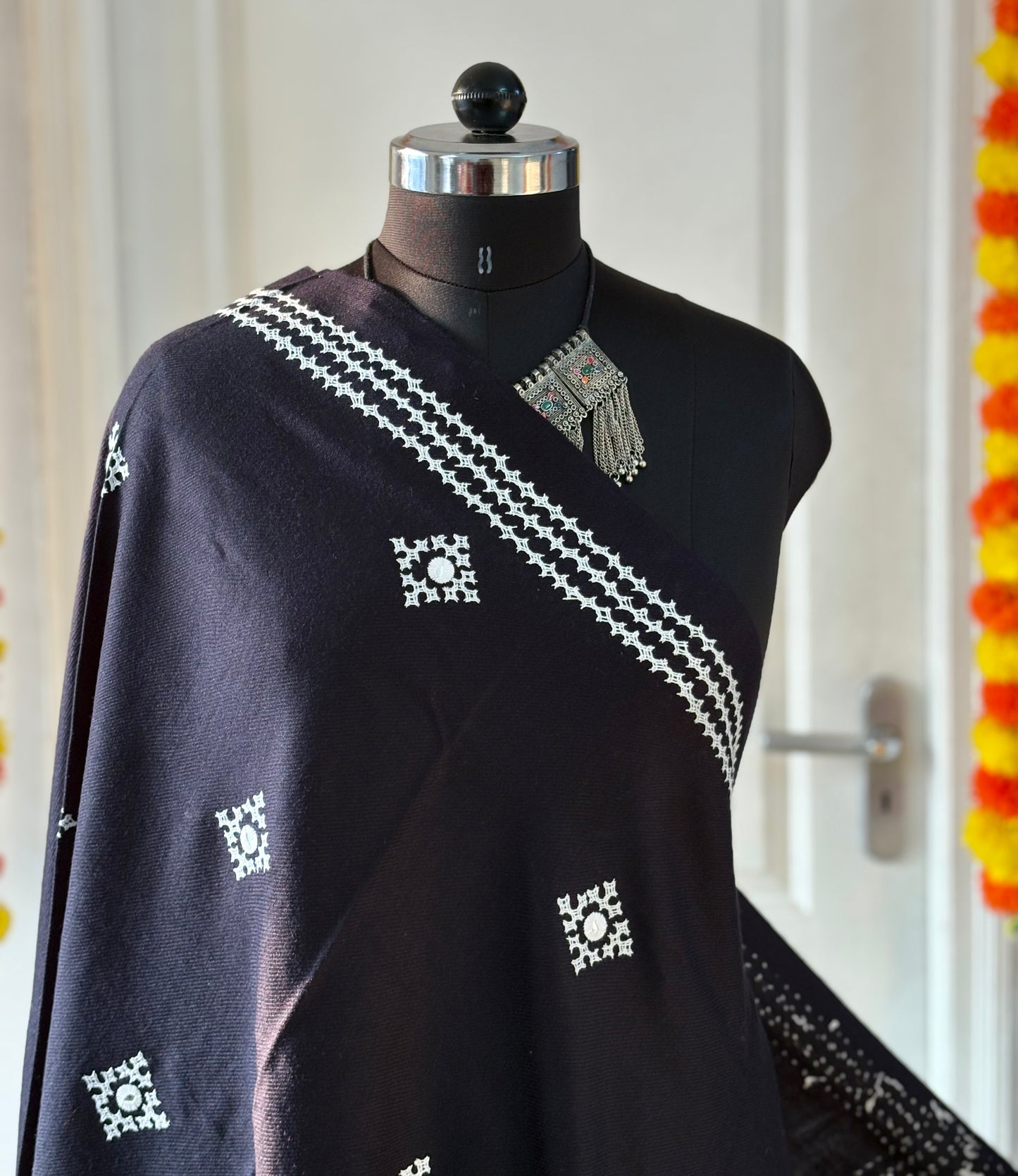 Gujrati Stitch Hand Embroidered Woollen Warm Shawl- Blue