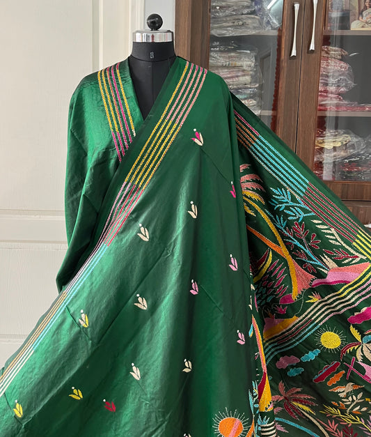 Kantha Stitch Hand Embroidered Pure Banglore Silk Saree (Silk Marked)