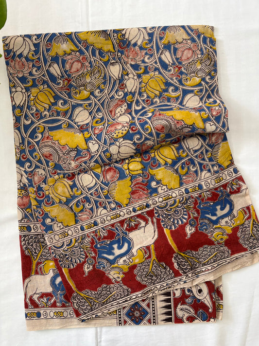 Kalamkari printed malmal cotton Saree with blouse
