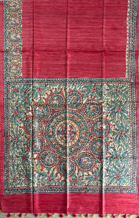 Pure Tussar Ghicha Silk Handcrafted Madhubani Saree (Silk Marked)