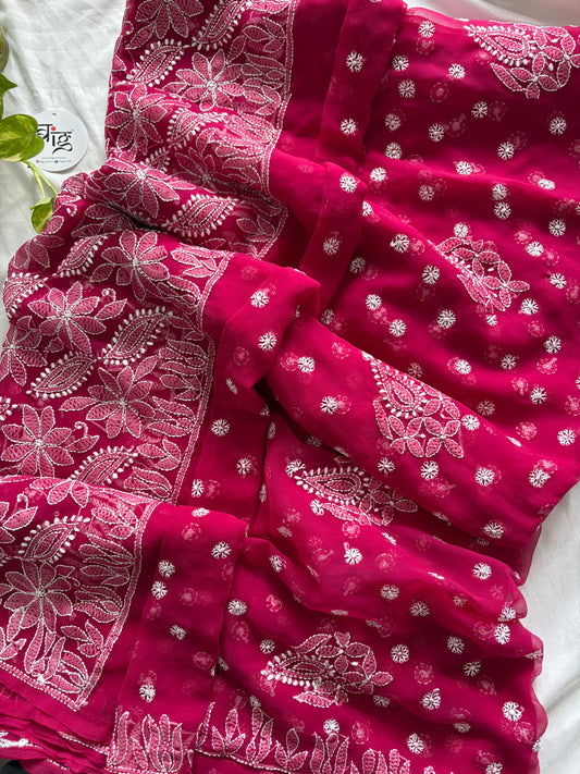 Chikankari Hand Embroidered Saree | Semi Georgette | Cranberry Red