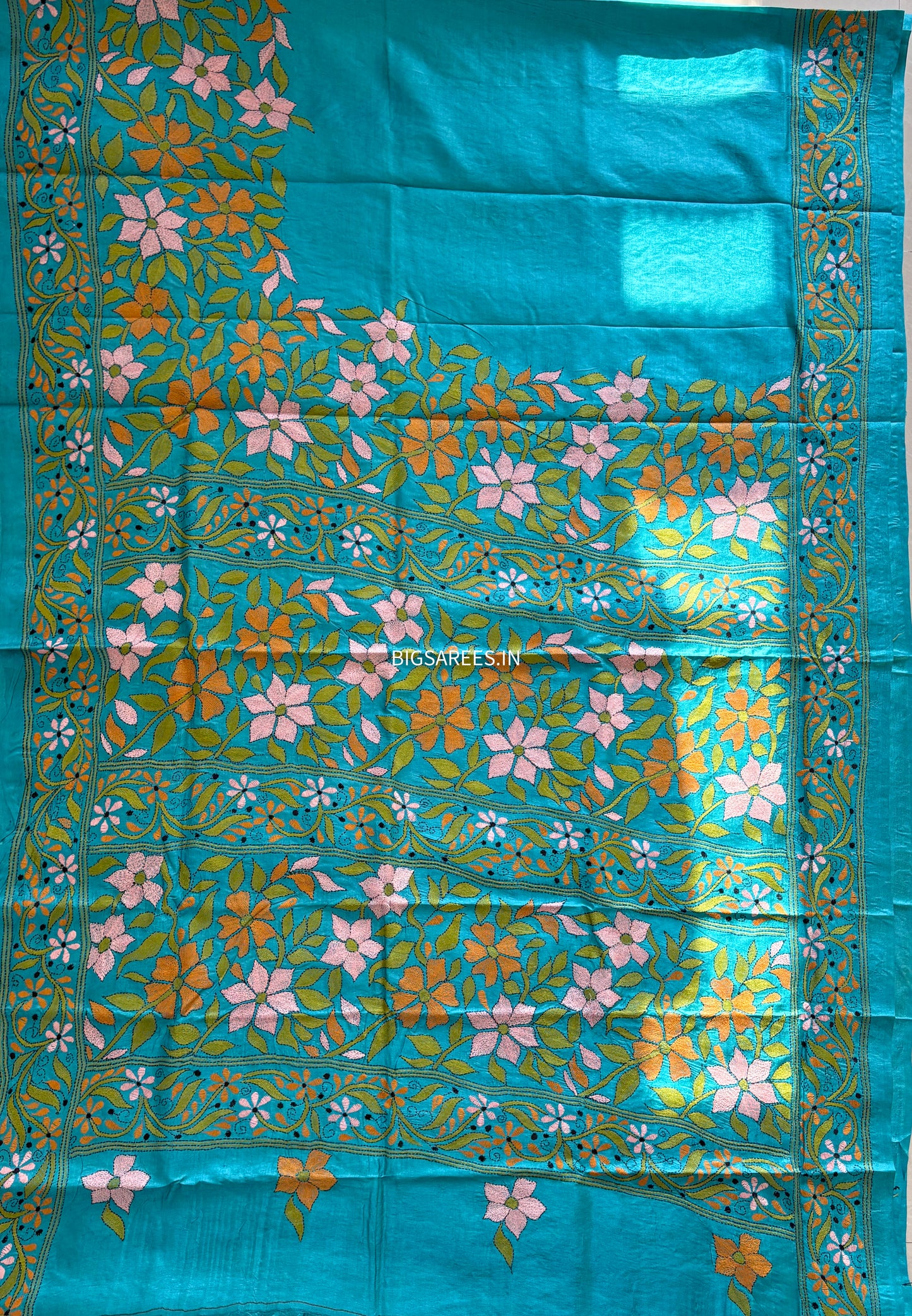 Kantha Hand Embroidered Saree With Blouse | Pure Gachi by Gachi Tussar Silk | Silk Mark Certified | Blue